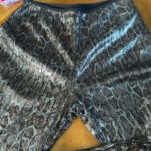Anthropologie Metallic Snake-Print Wide Leg Pants - Black & Silver
